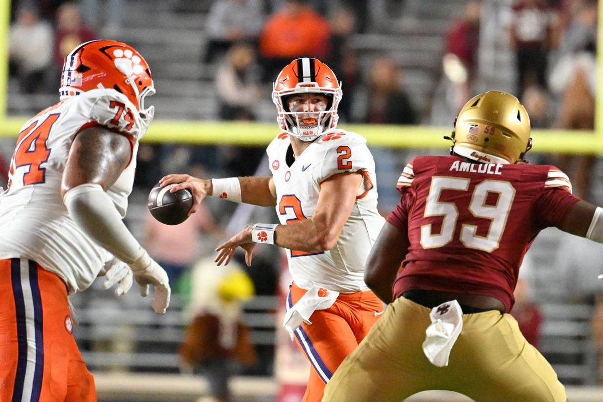 Oct 11, 2025; Chestnut Hill, Massachusetts, USA; Clemson Tigers quarterback Cade Klubnik (2) throws a pass against the Boston College Eagles during the second half at Alumni Stadium. Mandatory Credit: Eric Canha-Imagn Images