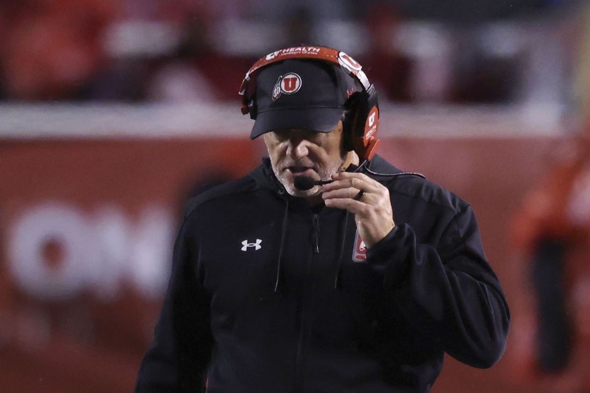 Oct 11, 2025; Salt Lake City, Utah, USA; Utah Utes head coach Kyle Whittingham reacts to a play against the Arizona State Sun Devils during the first quarter at Rice-Eccles Stadium. Mandatory Credit: Rob Gray-Imagn Images