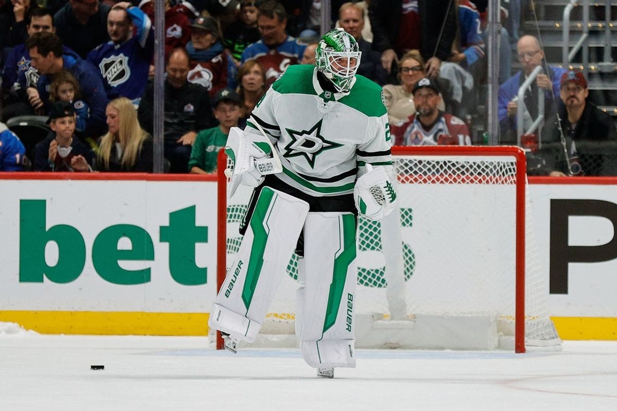 Oct 11, 2025; Denver, Colorado, USA; Dallas Stars goaltender Jake Oettinger (29) celebrates after the game against the Colorado Avalanche at Ball Arena. Mandatory Credit: Isaiah J. Downing-Imagn Images
