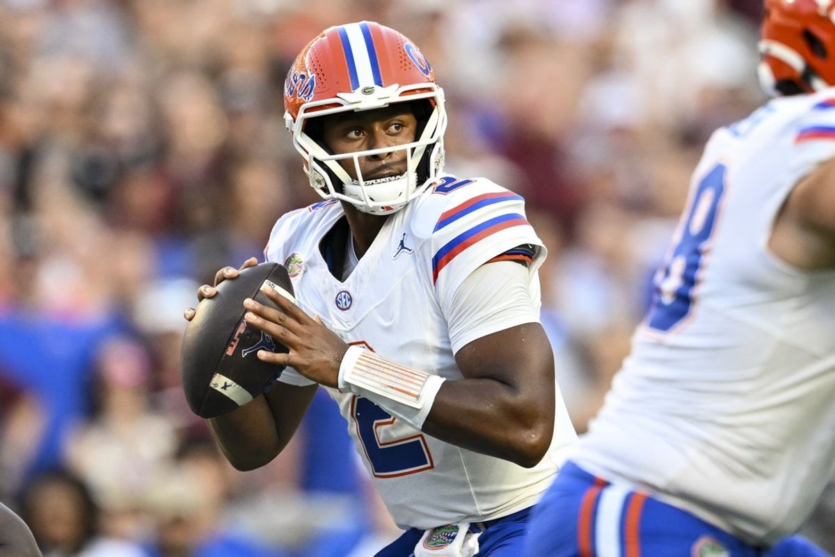 Oct 11, 2025; College Station, Texas, USA; Florida Gators quarterback DJ Lagway (2) throws the ball during the first half against the Texas A&M Aggies at Kyle Field. Mandatory Credit: Maria Lysaker-Imagn Images