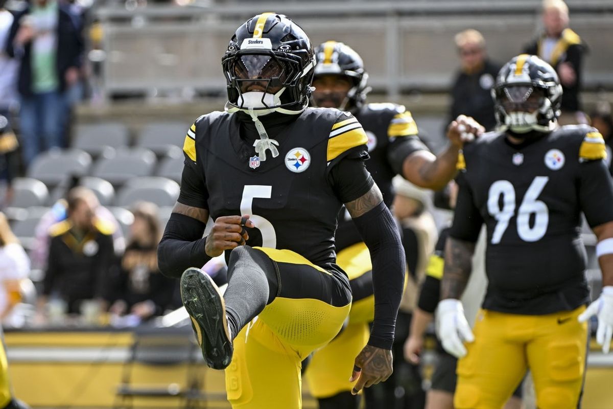 Oct 12, 2025; Pittsburgh, Pennsylvania, USA; Pittsburgh Steelers cornerback Jalen Ramsey (5) warms up before the game at Acrisure Stadium. Mandatory Credit: Barry Reeger-Imagn Images