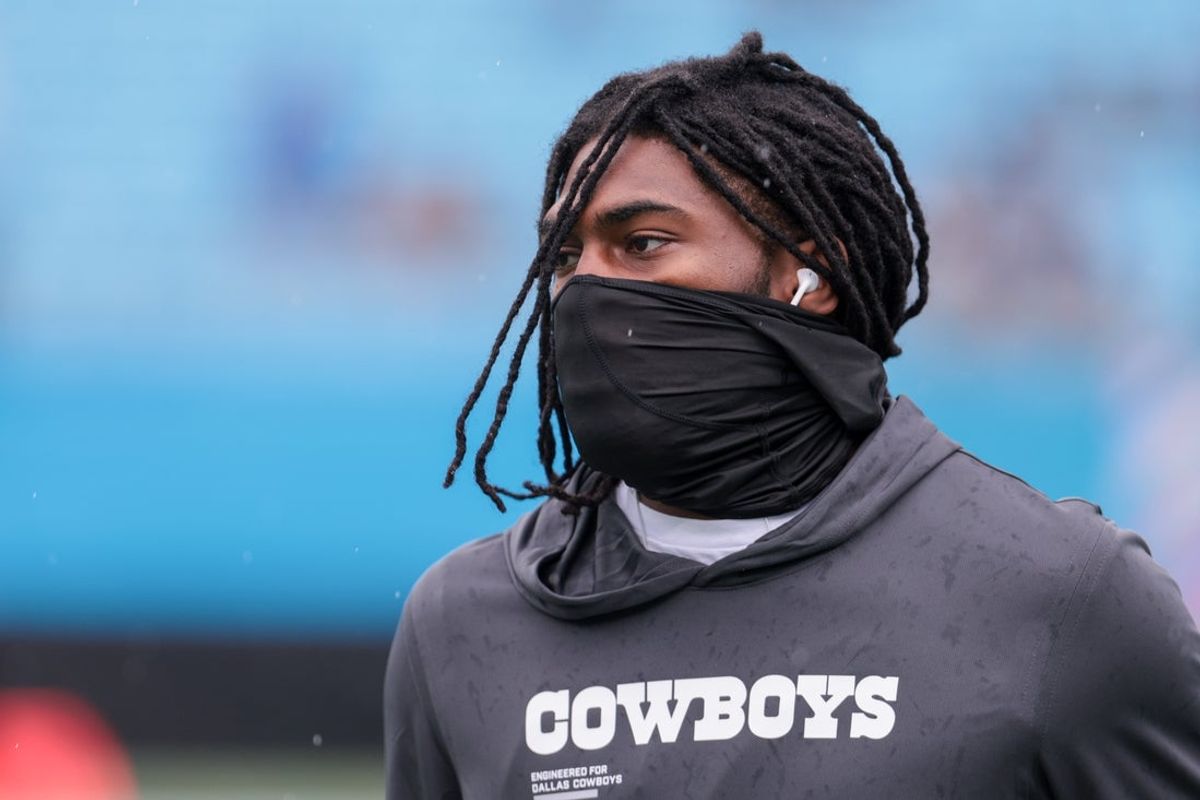 Oct 12, 2025; Charlotte, North Carolina, USA; Dallas Cowboys cornerback Trevon Diggs (7) warms up before the game against the Carolina Panthers at Bank of America Stadium. Mandatory Credit: Scott Kinser-Imagn Images