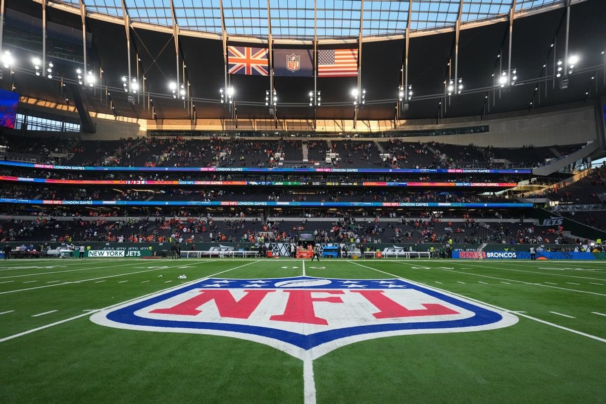 Oct 12, 2025; Tottenham, United Kingdom; General view of the NFL shield after an NFL International Series game between the Denver Broncos and the New York Jets at Tottenham Hotspur Stadium. Mandatory Credit: Kirby Lee-Imagn Images