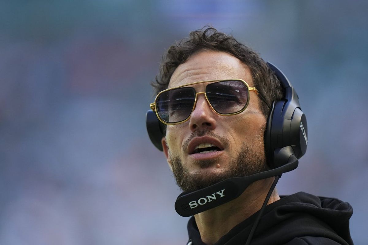 Oct 12, 2025; Miami Gardens, Florida, USA; Miami Dolphins head coach Mike McDaniel looks on from the sidelines against the Los Angeles Chargers during the first quarter at Hard Rock Stadium. Mandatory Credit: Rich Storry-Imagn Images