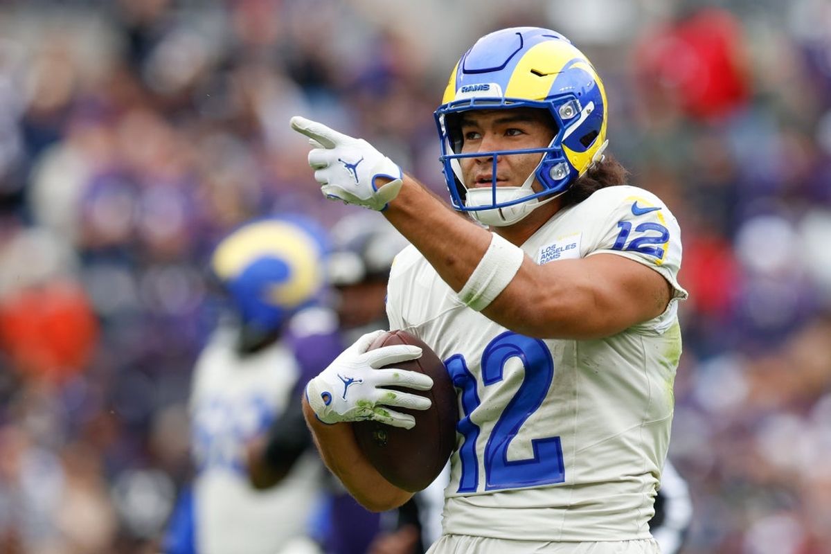 Oct 12, 2025; Baltimore, Maryland, USA; Los Angeles Rams wide receiver Puka Nacua (12) celebrates after a play against the Baltimore Ravens during the second quarter of the game at M&T Bank Stadium. Mandatory Credit: Peter Casey-Imagn Images