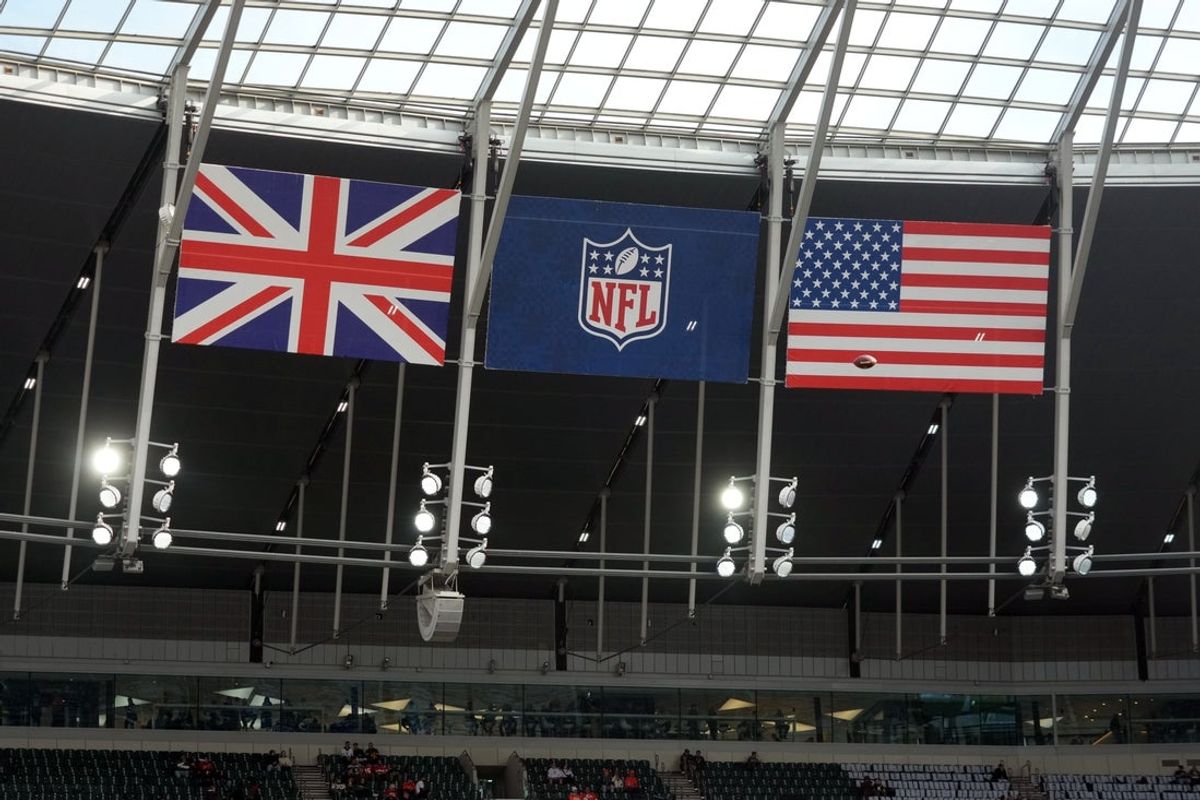 Oct 12, 2025; Tottenham, United Kingdom; The British, NFL shield logo and United States flags during an NFL International Series game at Tottenham Hotspur Stadium. Mandatory Credit: Kirby Lee-Imagn Images