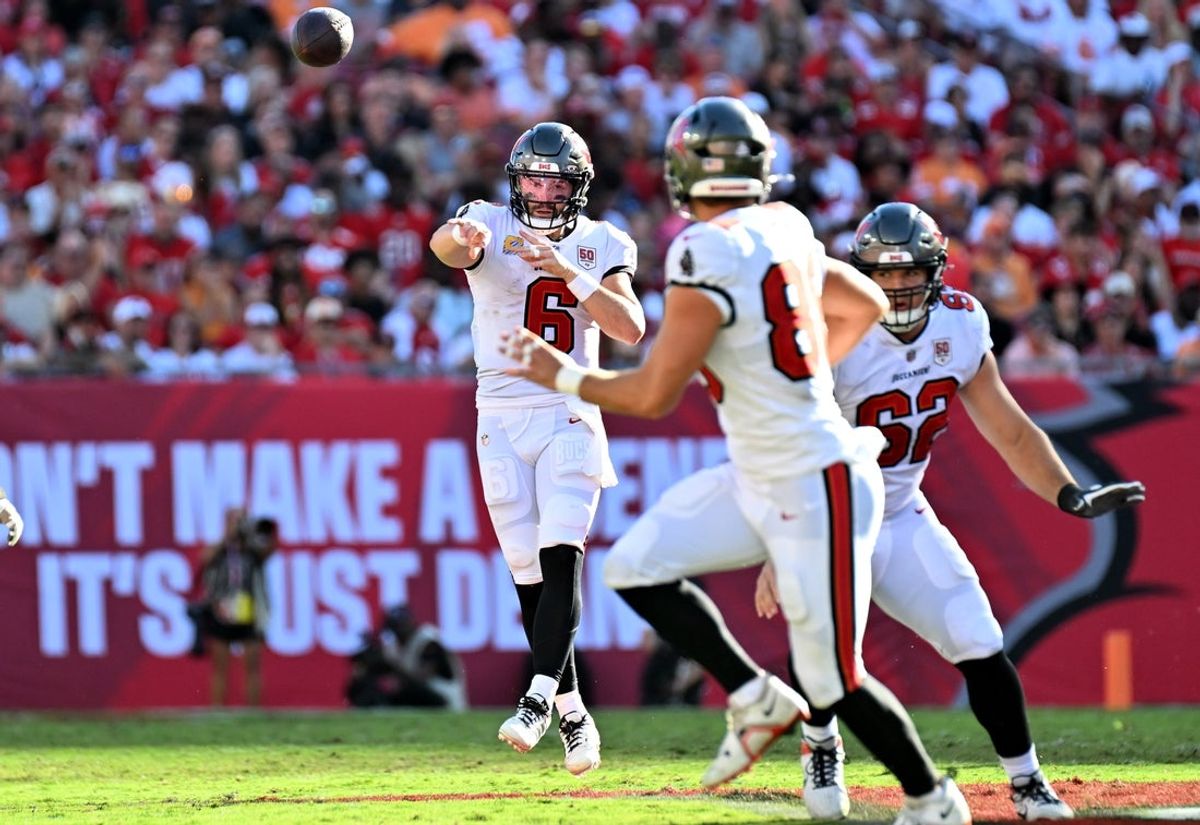 Oct 12, 2025; Tampa, Florida, USA; Tampa Bay Buccaneers quarterback Baker Mayfield (6) throws downfield during the second quarter against the San Francisco 49ers at Raymond James Stadium. Mandatory Credit: Jonathan Dyer-Imagn Images