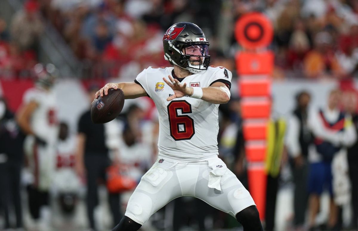 Oct 12, 2025; Tampa, Florida, USA; Tampa Bay Buccaneers quarterback Baker Mayfield (6) throws downfield during the fourth quarter against the San Francisco 49ers at Raymond James Stadium. Mandatory Credit: Nathan Ray Seebeck-Imagn Images