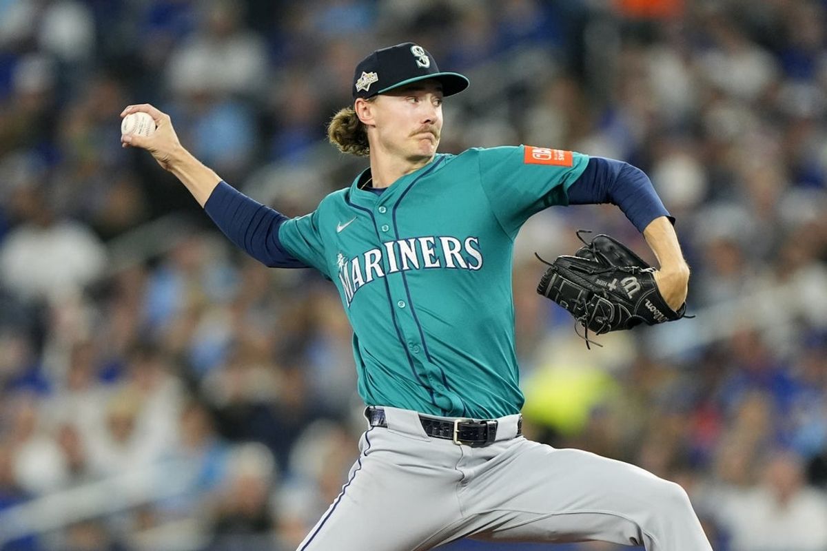 Oct 12, 2025; Toronto, Ontario, CAN; Seattle Mariners pitcher Bryce Miller (50) pitches against the Toronto Blue Jays in the first inning during game one of the ALCS round for the 2025 MLB playoffs at Rogers Centre. Mandatory Credit: John E. Sokolowski-Imagn Images