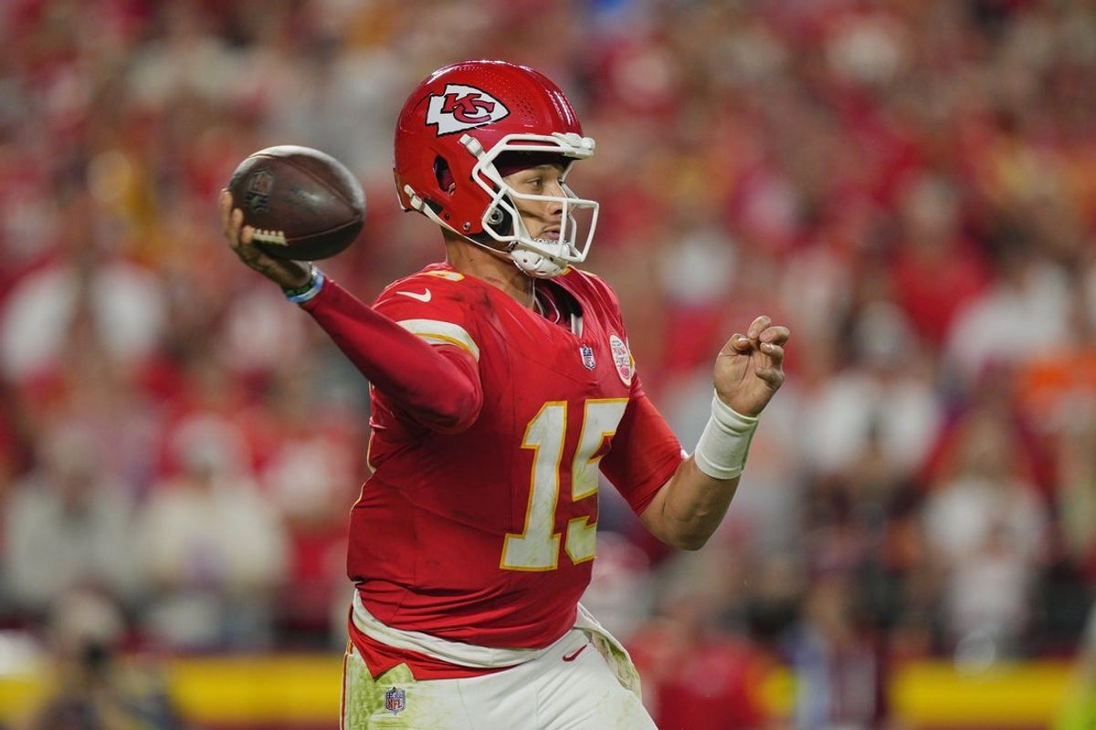 Oct 12, 2025; Kansas City, Missouri, USA; Kansas City Chiefs quarterback Patrick Mahomes (15) drops back to pass against the Detroit Lions during the second half at GEHA Field at Arrowhead Stadium. Mandatory Credit: Jay Biggerstaff-Imagn Images
