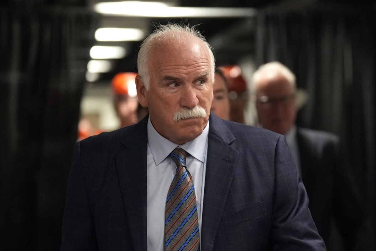 Oct 11, 2025; San Jose, California, USA; Anaheim Ducks head coach Joel Quenneville before the game against the San Jose Sharks at SAP Center at San Jose. Mandatory Credit: Darren Yamashita-Imagn Images