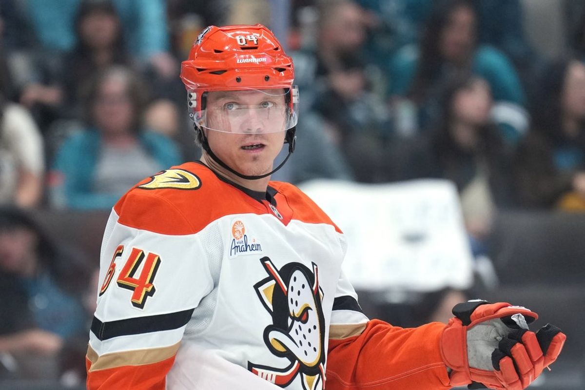 Oct 11, 2025; San Jose, California, USA; Anaheim Ducks center Mikael Granlund (64) during the second period against the San Jose Sharks at SAP Center at San Jose. Mandatory Credit: Darren Yamashita-Imagn Images