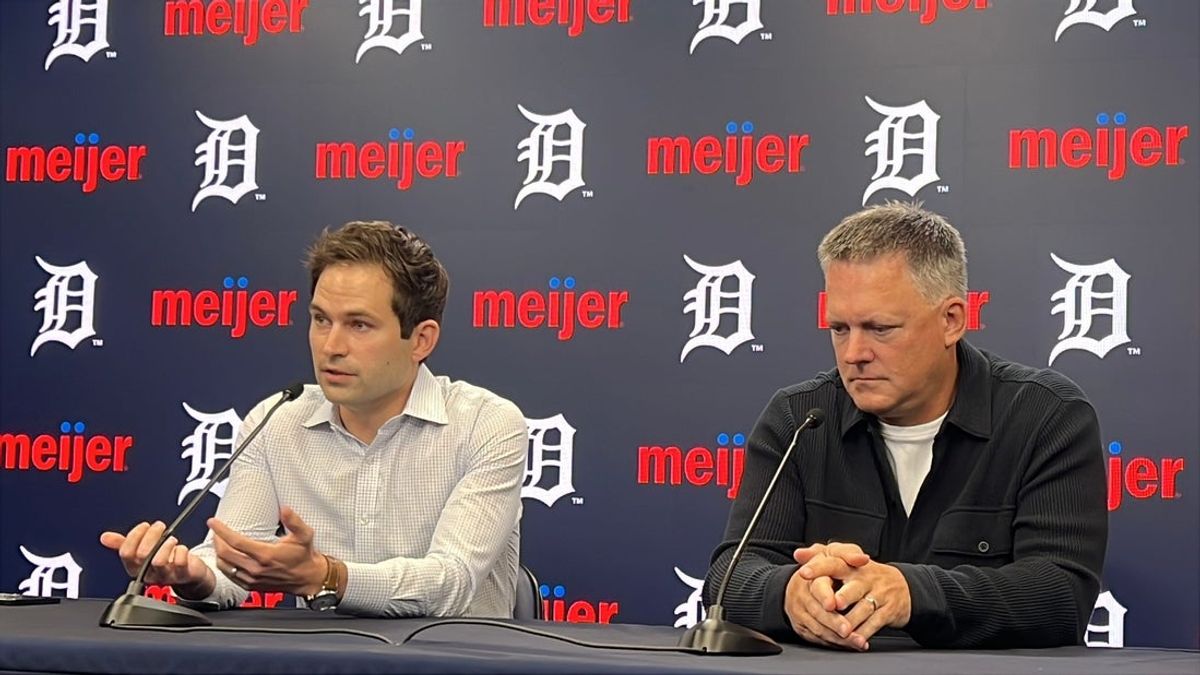 Detroit Tigers president of baseball operations Scott Harris, manager A.J. Hinch meet with reporters Monday, Oct. 13, 2025, at Comerica Park in Detroit, Michigan.