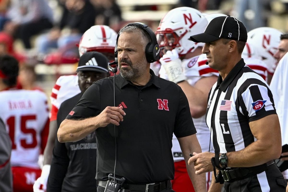Oct 11, 2025; College Park, Maryland, USA;  Nebraska Cornhuskers head coach Matt Rhule walks the sidelines during the game against the Maryland Terrapins at SECU Stadium. Mandatory Credit: Tommy Gilligan-Imagn Images