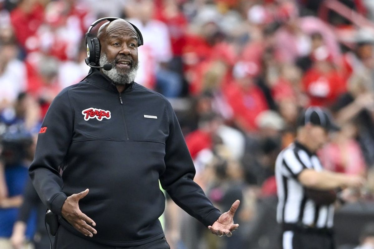 Oct 11, 2025; College Park, Maryland, USA;  Maryland Terrapins head coach Mike Locksley reacts during the game against the Nebraska Cornhuskers at SECU Stadium. Mandatory Credit: Tommy Gilligan-Imagn Images