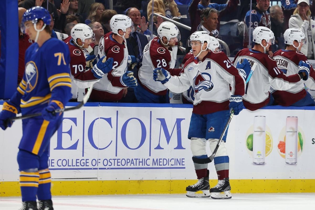 Oct 13, 2025; Buffalo, New York, USA;  Colorado Avalanche center Nathan MacKinnon (29) celebrates his second goal of the game during the second period against the Buffalo Sabres at KeyBank Center. Mandatory Credit: Timothy T. Ludwig-Imagn Images