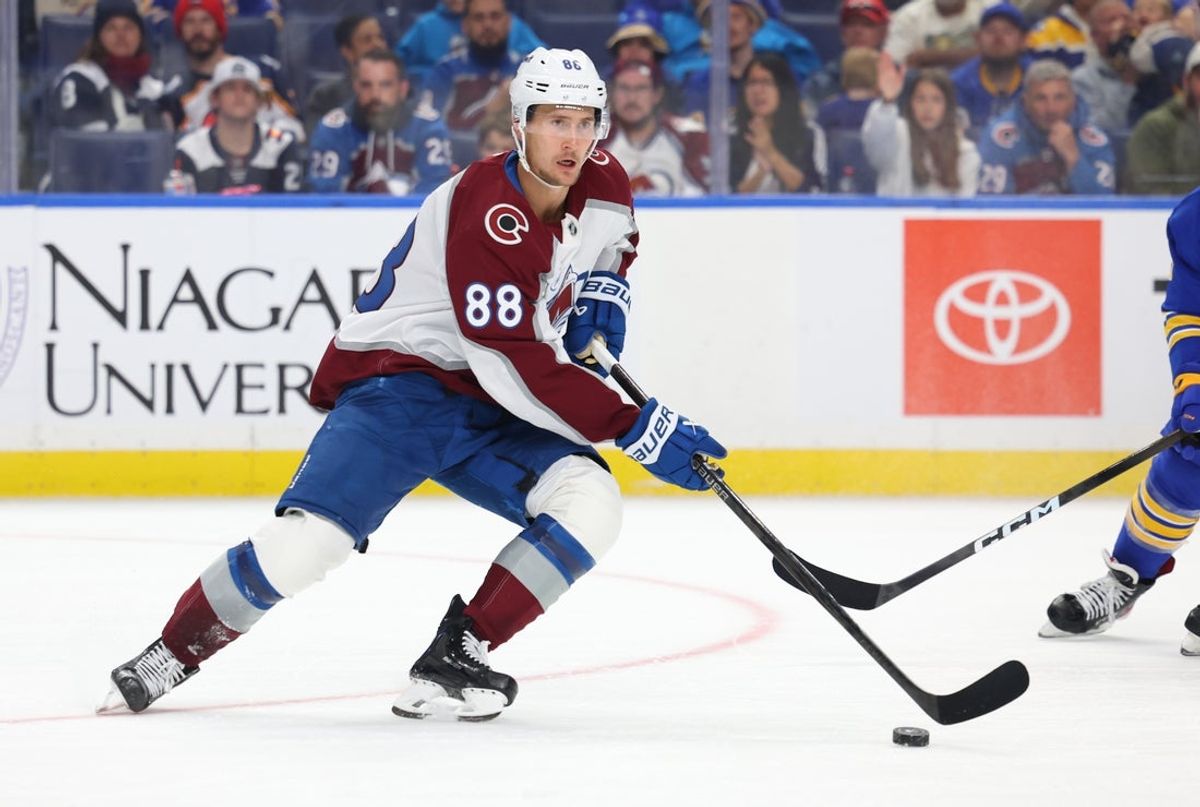 Oct 13, 2025; Buffalo, New York, USA;  Colorado Avalanche center Martin Necas (88) looks to make a pass during the third period against the Buffalo Sabres at KeyBank Center. Mandatory Credit: Timothy T. Ludwig-Imagn Images