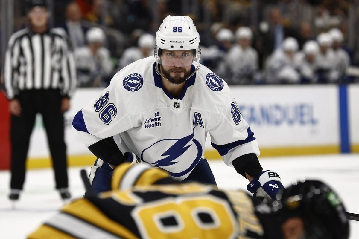 Oct 13, 2025; Boston, Massachusetts, USA; Tampa Bay Lightning right wing Nikita Kucherov (86) waits for a faceoff during the third period against the Boston Bruins at TD Garden. Mandatory Credit: Winslow Townson-Imagn Images