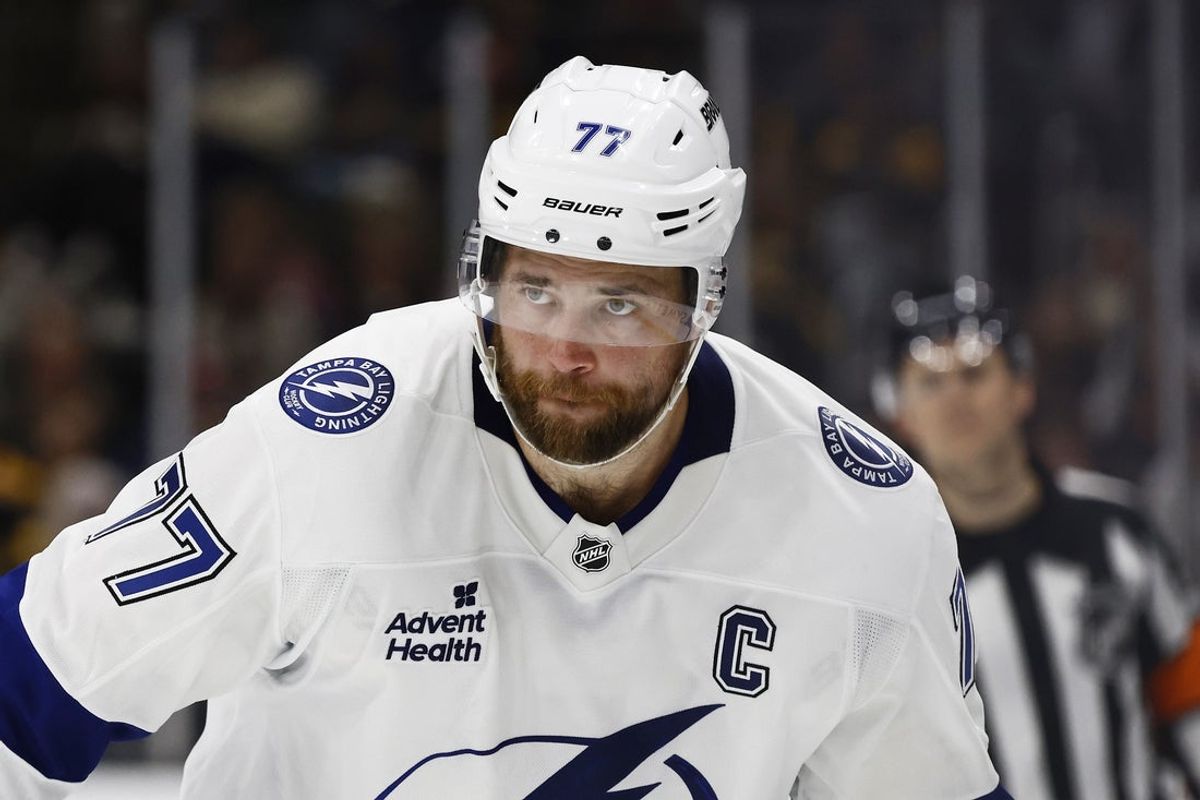 Oct 13, 2025; Boston, Massachusetts, USA; Tampa Bay Lightning defenseman Victor Hedman (77) during the third period against the Boston Bruins at TD Garden. Mandatory Credit: Winslow Townson-Imagn Images