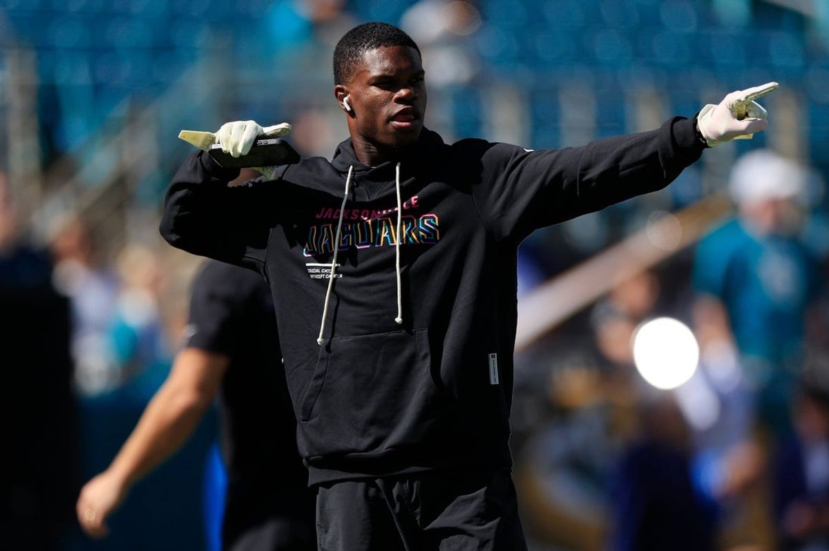 Jacksonville Jaguars wide receiver Travis Hunter (12) dances before an NFL football matchup, Sunday, Oct. 12, 2025, at EverBank Stadium in Jacksonville, Fla. The Seahawks defeated the Jaguars 20-12.