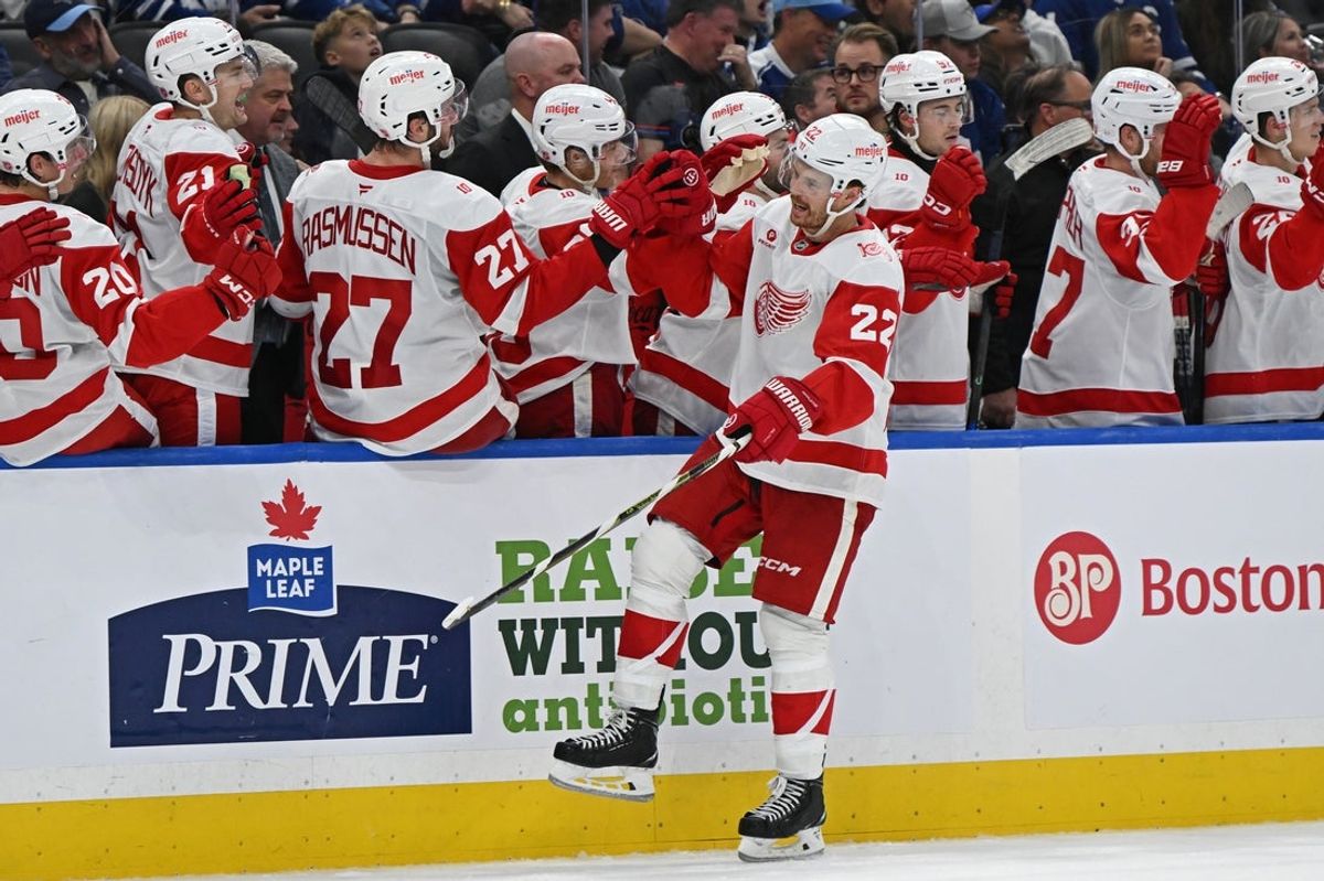 Oct 13, 2025; Toronto, Ontario, CAN; Detroit Red Wings center Mason Appleton (22) celebrates his goal against the Toronto Maple Leafs at the bench in the third period at Scotiabank Arena. Mandatory Credit: Gerry Angus-Imagn Images