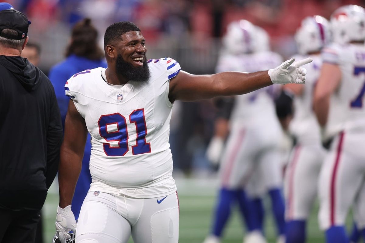 Oct 13, 2025; Atlanta, Georgia, USA; Buffalo Bills defensive tackle Ed Oliver (91) warms up prior to a game against the Atlanta Falcons at Mercedes-Benz Stadium. Mandatory Credit: Brett Davis-Imagn Images