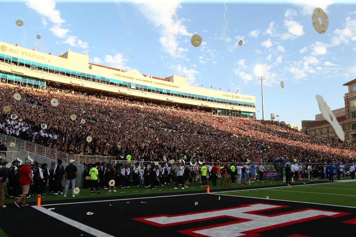 Oct 11, 2025; Lubbock, Texas, USA;  A general view of the tortilla toss before the game between the Kansas Jayhawks and the Texas Tech Red Raiders at Jones AT&T Stadium. Mandatory Credit: Michael C. Johnson-Imagn Images