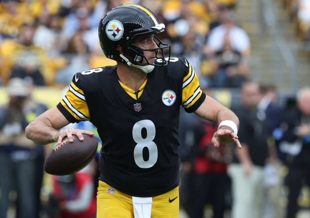 Oct 12, 2025; Pittsburgh, Pennsylvania, USA;  Pittsburgh Steelers quarterback Aaron Rodgers (8) passes against the Cleveland Browns during the first quarter at Acrisure Stadium. Mandatory Credit: Charles LeClaire-Imagn Images