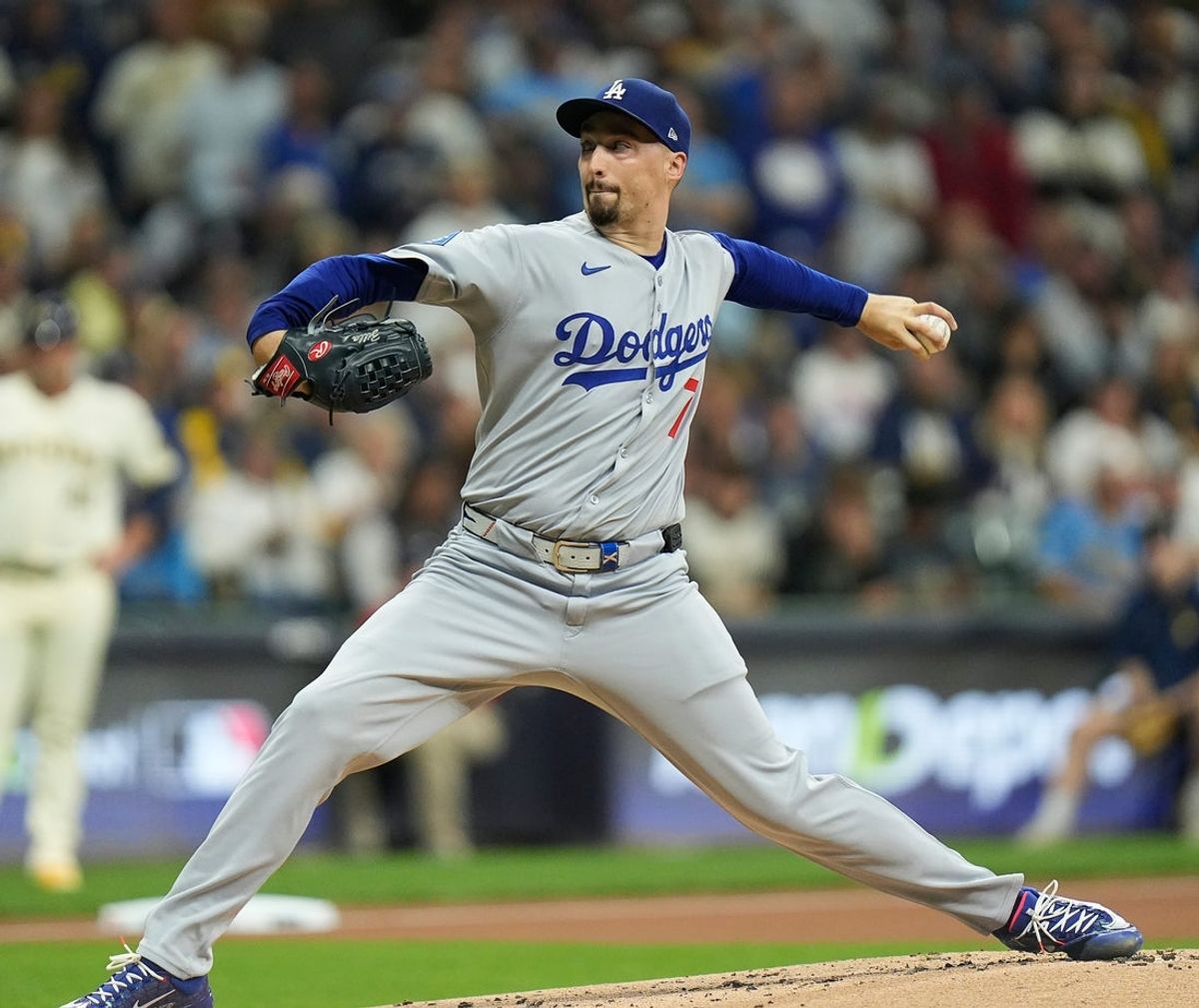 Los Angeles Dodgers starting pitcher Blake Snell (7) pitches during the first inning of the of their National League Championship Series game against the Milwaukee Brewers October 13, 2025 at American Family Field in Milwaukee, Wisconsin.