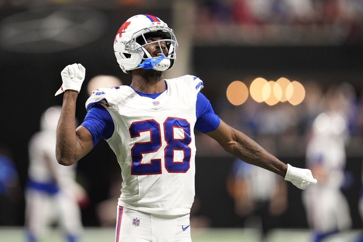 Oct 13, 2025; Atlanta, Georgia, USA; Buffalo Bills defensive back Sam Franklin Jr. (28) reacts after a defensive play during the second half of a game against the Atlanta Falcons at Mercedes-Benz Stadium. Mandatory Credit: Dale Zanine-Imagn Images