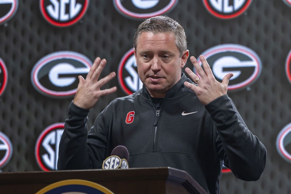Oct 14, 2025; Birmingham, AL, USA; Georgia Bulldogs head coach Mike White talks with the media during SEC Media Days at Grand Bohemian Hotel. Mandatory Credit: Vasha Hunt-Imagn Images