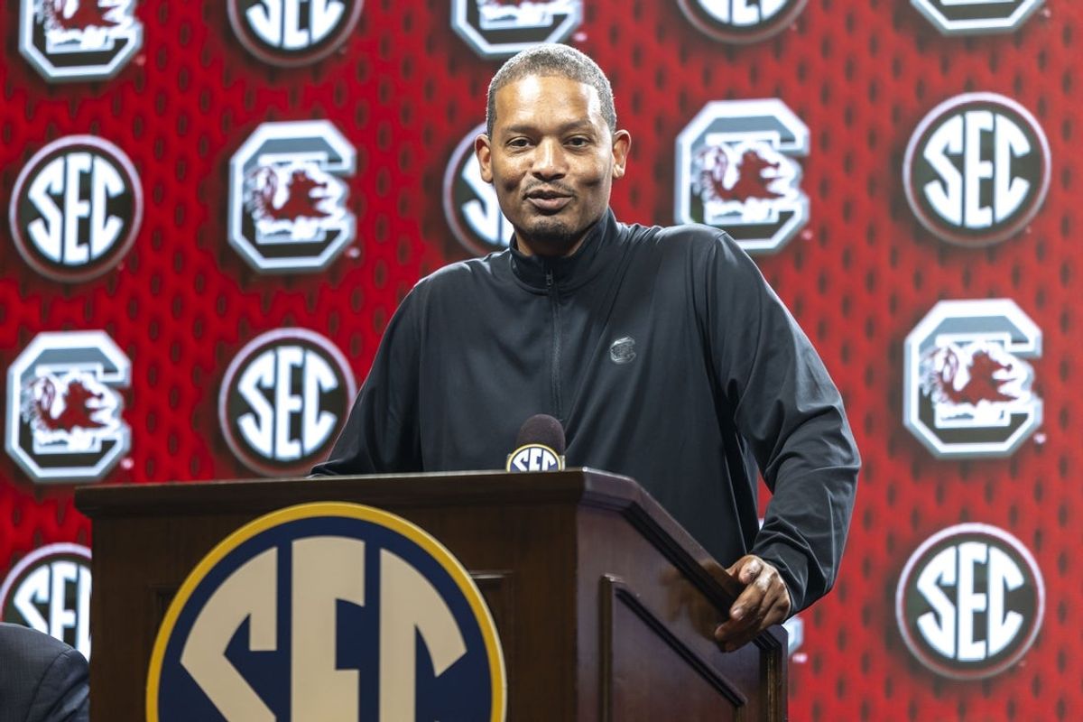 Oct 14, 2025; Birmingham, AL, USA; South Carolina Gamecocks head coach Lamont Paris talks with the media during SEC Media Days at Grand Bohemian Hotel. Mandatory Credit: Vasha Hunt-Imagn Images