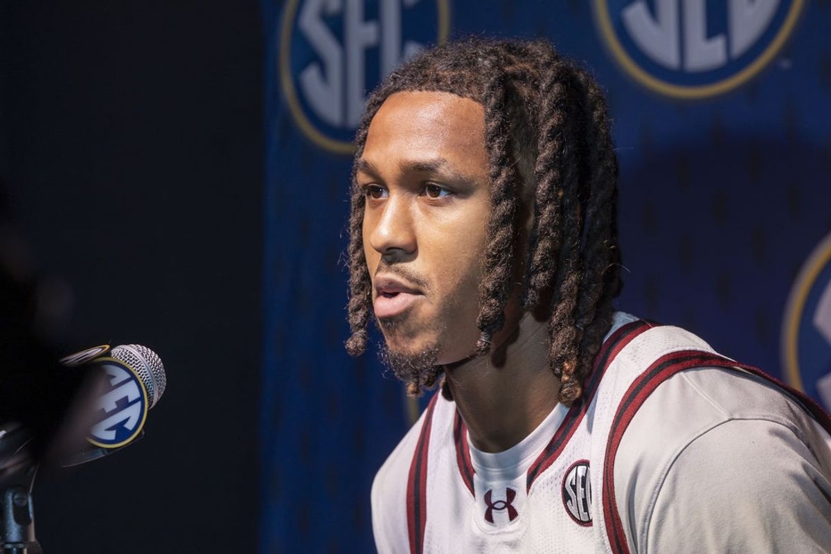 Oct 14, 2025; Birmingham, AL, USA; South Carolina Gamecocks guard Meechie Johnson talks with the media during SEC Media Days at Grand Bohemian Hotel. Mandatory Credit: Vasha Hunt-Imagn Images