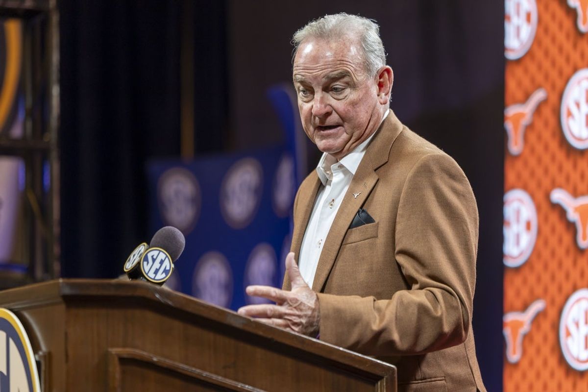 Oct 14, 2025; Birmingham, AL, USA; Texas Longhorns head coach Vic Schaefer talks with the media during SEC Media Days at Grand Bohemian Hotel. Mandatory Credit: Vasha Hunt-Imagn Images
