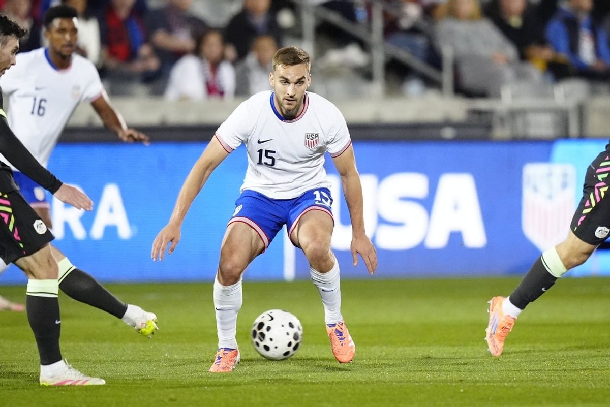 Oct 14, 2025; Commerce City, Colorado, USA; USA defender James Sands during the first half against Australia at Dick's Sporting Goods Park. Mandatory Credit: Ron Chenoy-Imagn Images