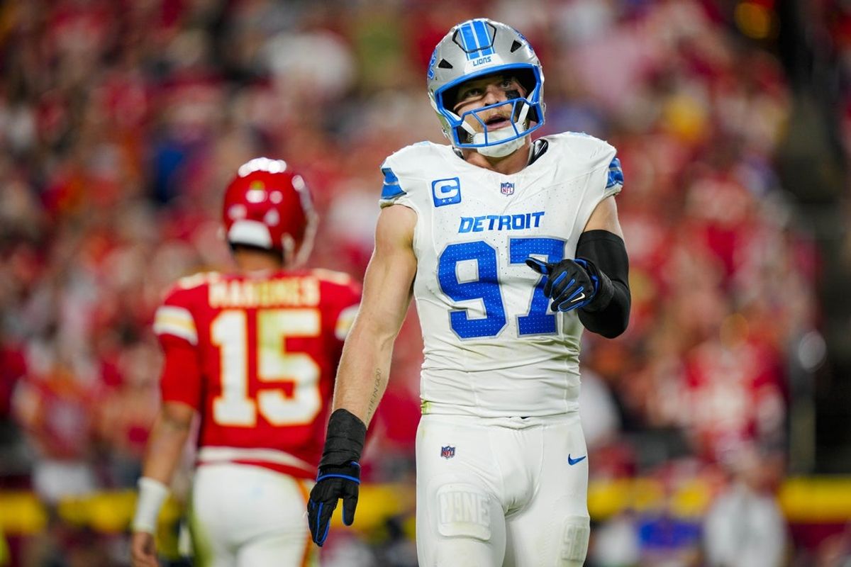 Oct 12, 2025; Kansas City, Missouri, USA; Detroit Lions defensive end Aidan Hutchinson (97) reacts during the second half against the Kansas City Chiefs at GEHA Field at Arrowhead Stadium. Mandatory Credit: Jay Biggerstaff-Imagn Images