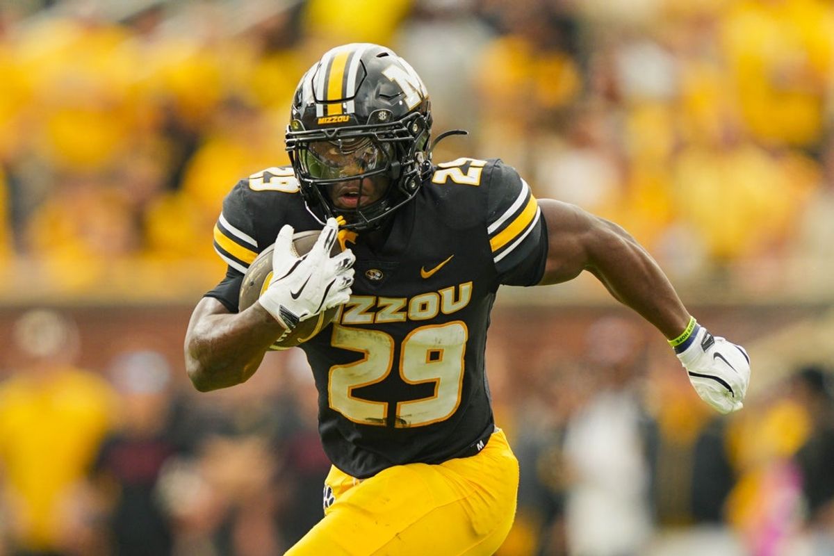 Oct 11, 2025; Columbia, Missouri, USA; Missouri Tigers running back Ahmad Hardy (29) runs the ball during the first half against the Alabama Crimson Tide at Faurot Field at Memorial Stadium. Mandatory Credit: Jay Biggerstaff-Imagn Images