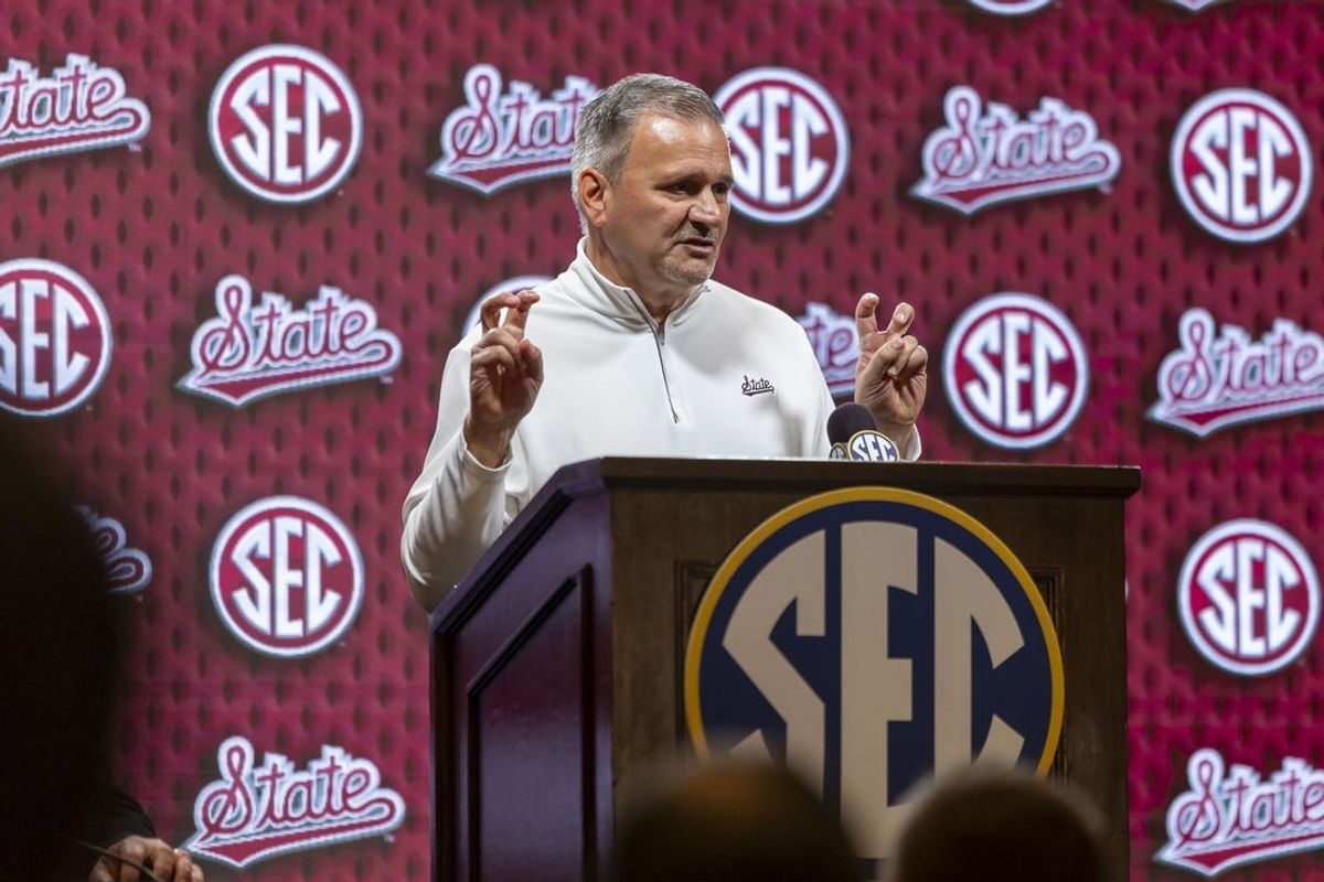 Oct 15, 2025; Birmingham, AL, USA; Mississippi State Bulldogs head coach Chris Jans talks with the media during SEC Media Days at Grand Bohemian Hotel. Mandatory Credit: Vasha Hunt-Imagn Images