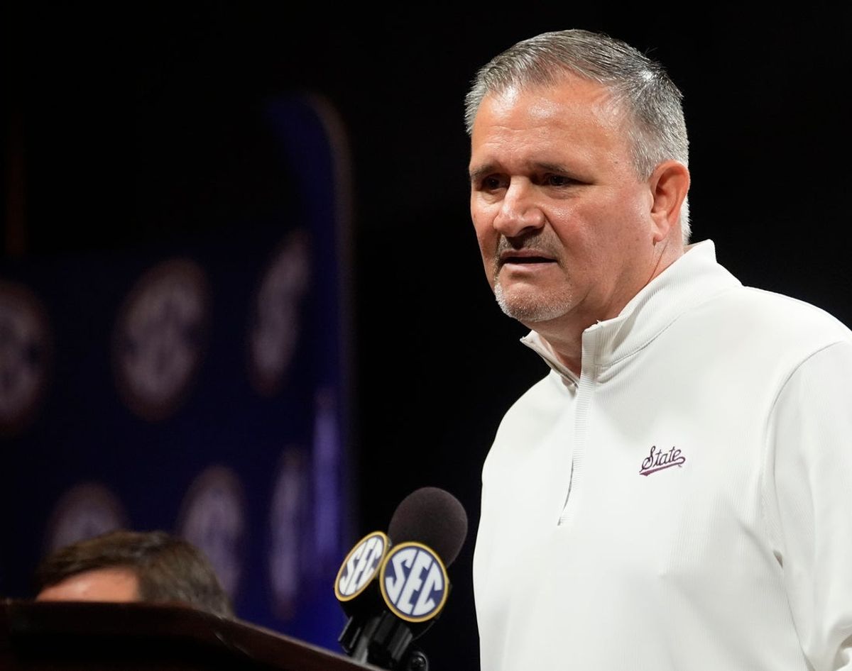 Oct 15, 2025; Birmingham, Alabama, USA; Mississippi State head coach Chris Jans speaks at SEC Media Day in the Grand Bohemian Hotel.