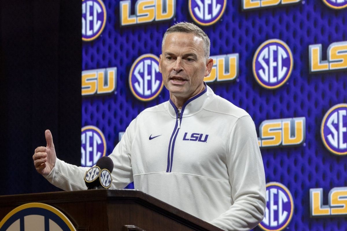 Oct 15, 2025; Birmingham, AL, USA; LSU Tigers head coach Matt McMahon talks with the media during SEC Media Days at Grand Bohemian Hotel. Mandatory Credit: Vasha Hunt-Imagn Images