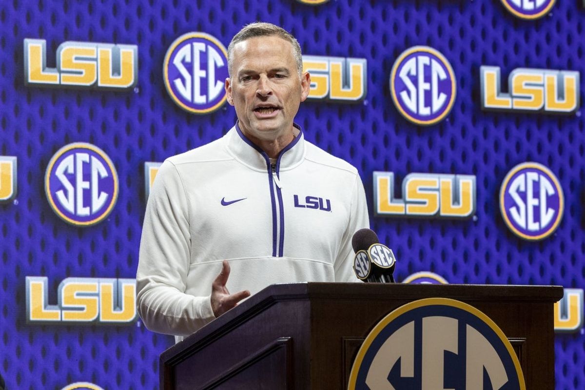 Oct 15, 2025; Birmingham, AL, USA; LSU Tigers head coach Matt McMahon talks with the media during SEC Media Days at Grand Bohemian Hotel. Mandatory Credit: Vasha Hunt-Imagn Images