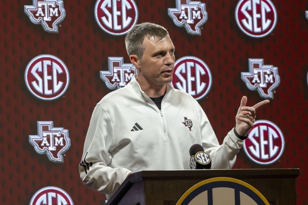 Oct 15, 2025; Birmingham, AL, USA; Texas A&M Aggies head coach Bucky McMillan talks with the media during SEC Media Days at Grand Bohemian Hotel. Mandatory Credit: Vasha Hunt-Imagn Images