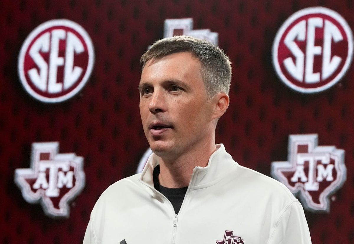 Oct 15, 2025; Birmingham, Alabama, USA; Texas A&M head coach Bucky McMillan speaks at SEC Media Day in the Grand Bohemian Hotel.