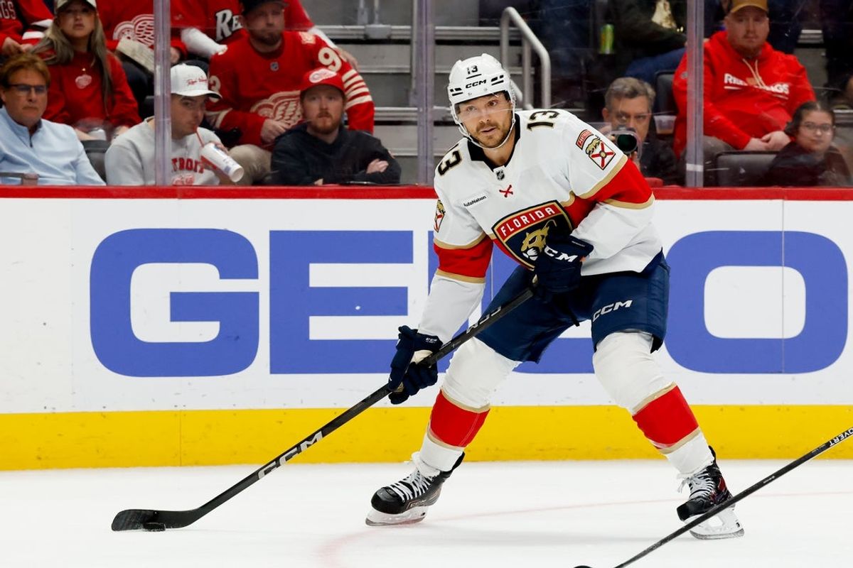 Oct 15, 2025; Detroit, Michigan, USA;  Florida Panthers center Sam Reinhart (13) skates with the puck in the first period against the Detroit Red Wings at Little Caesars Arena. Mandatory Credit: Rick Osentoski-Imagn Images