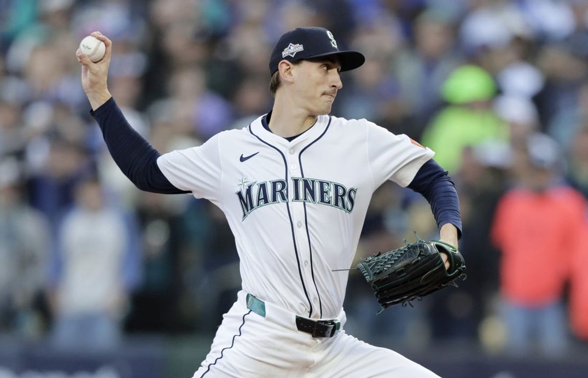 Oct 15, 2025; Seattle, Washington, USA; Seattle Mariners pitcher George Kirby (68) throws in the first inning during Game 3 of the ALCS round for the 2025 MLB playoffs at T-Mobile Park. Mandatory Credit: John Froschauer-Imagn Images