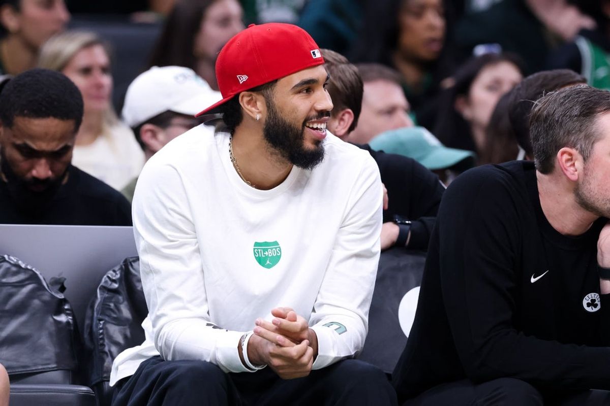 Oct 15, 2025; Boston, Massachusetts, USA; Boston Celtics forward Jayson Tatum (0) reacts during the first half against the Toronto Raptors at TD Garden. Mandatory Credit: Paul Rutherford-Imagn Images