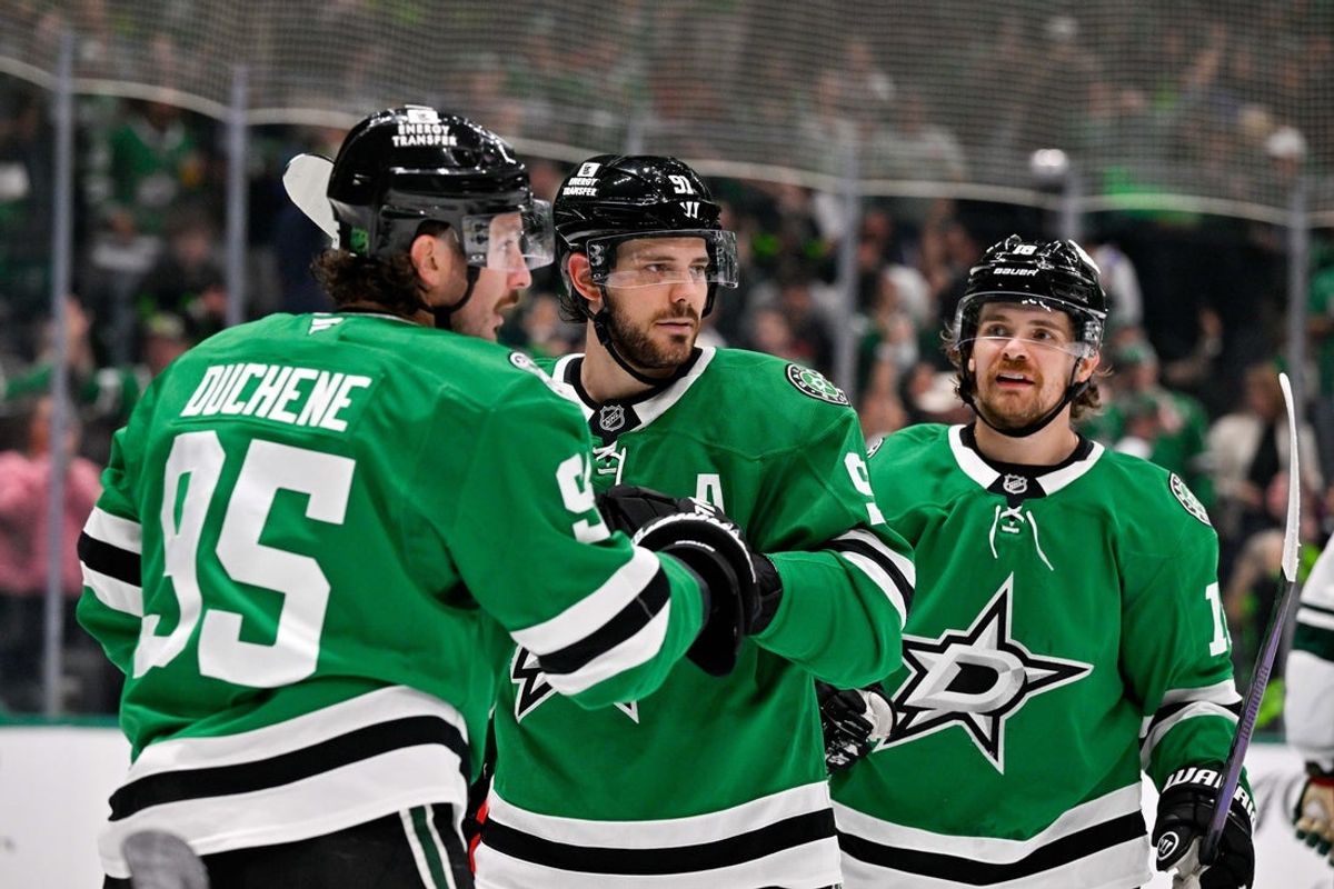 Oct 14, 2025; Dallas, Texas, USA; Dallas Stars center Matt Duchene (95) and center Tyler Seguin (91) and center Sam Steel (18) celebrate during the game between the Dallas Stars and the Minnesota Wild at American Airlines Center. Mandatory Credit: Jerome Miron-Imagn Images