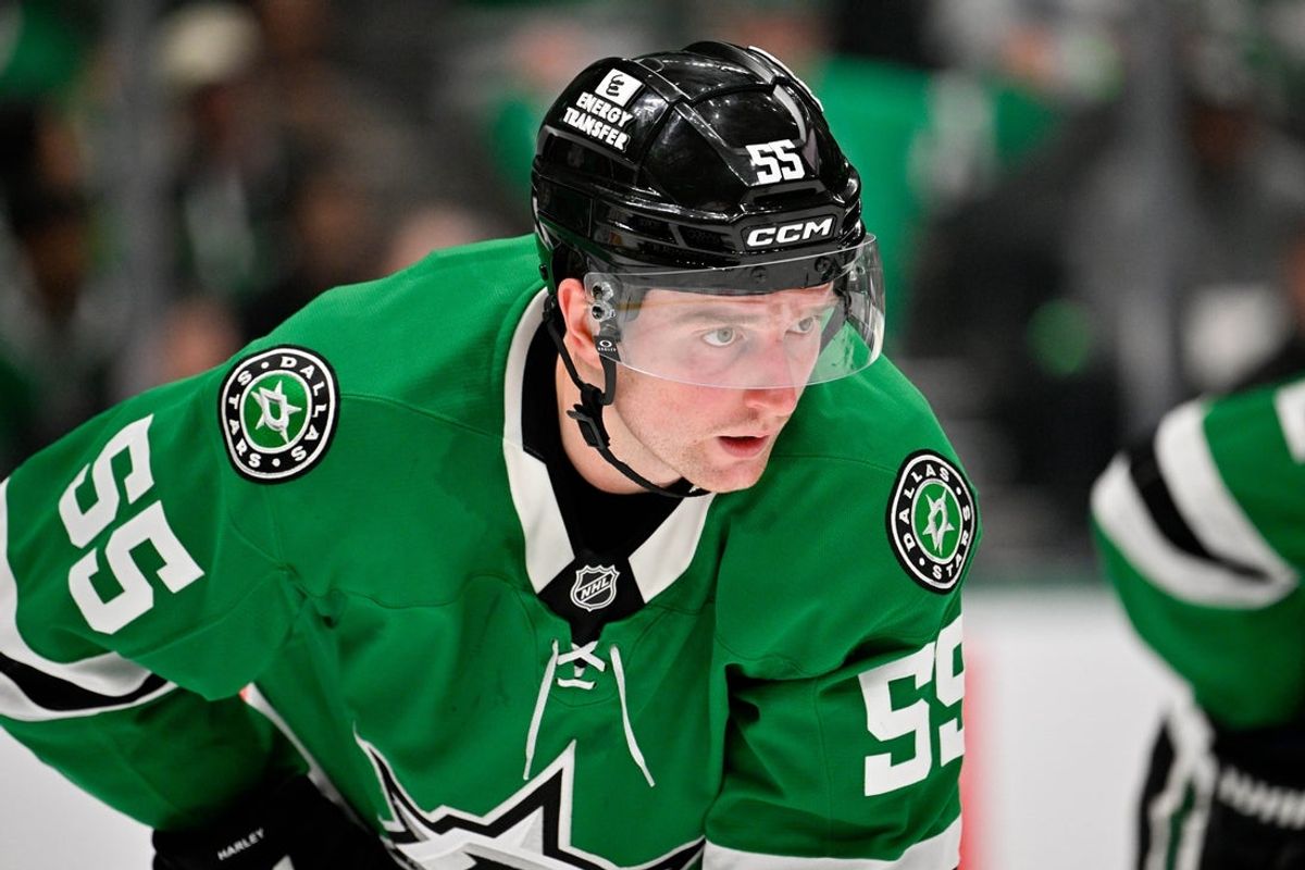 Oct 14, 2025; Dallas, Texas, USA; Dallas Stars defenseman Thomas Harley (55) looks on during the game between the Dallas Stars and the Minnesota Wild at American Airlines Center. Mandatory Credit: Jerome Miron-Imagn Images