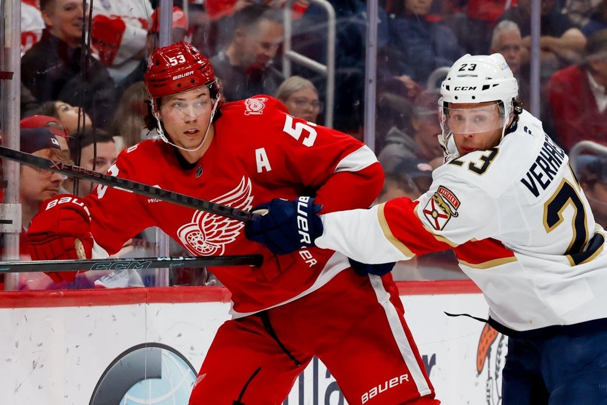 Oct 15, 2025; Detroit, Michigan, USA;  Florida Panthers center Carter Verhaeghe (23) checks Detroit Red Wings defenseman Moritz Seider (53) in the third period at Little Caesars Arena. Mandatory Credit: Rick Osentoski-Imagn Images