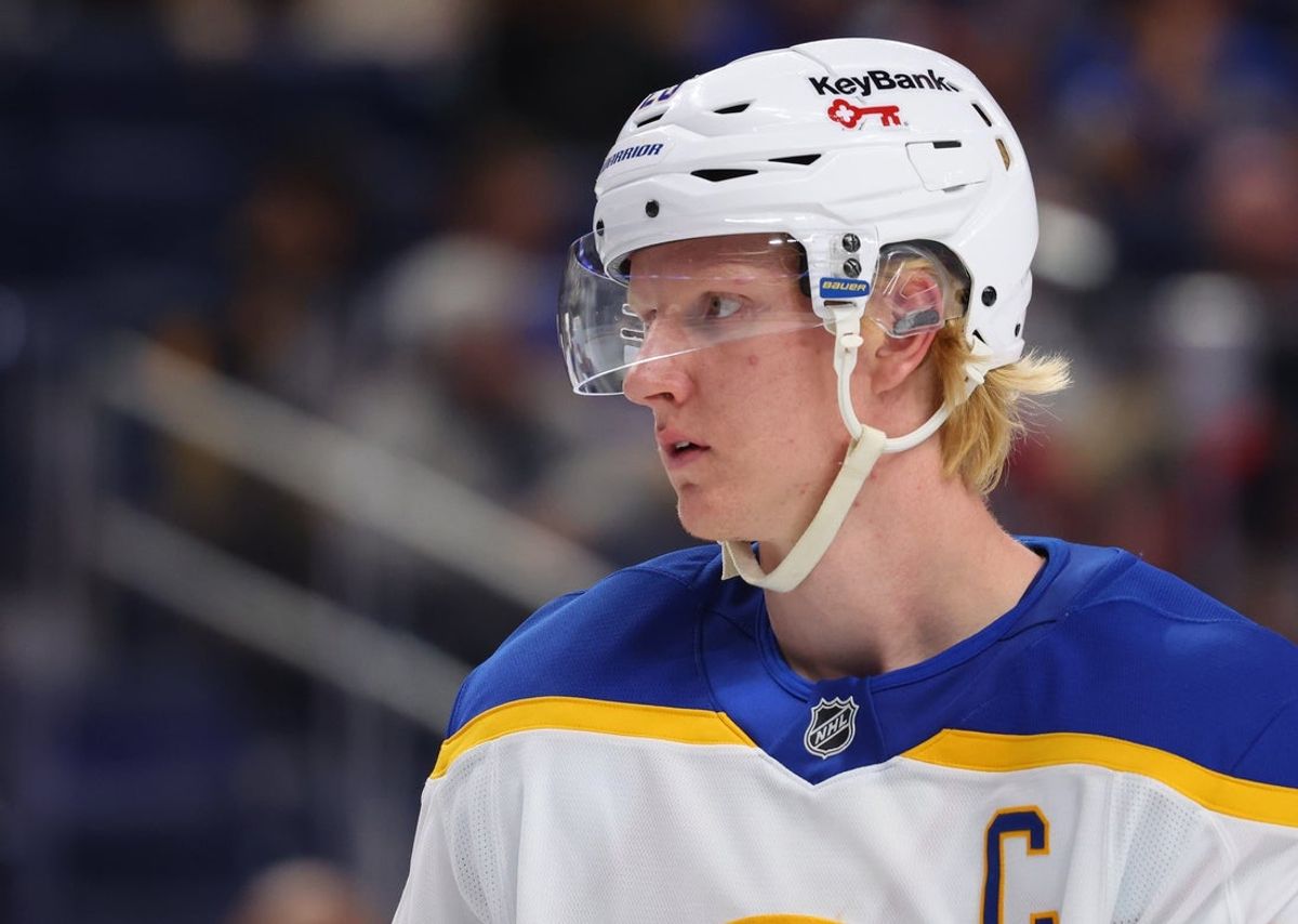 Oct 15, 2025; Buffalo, New York, USA;  Buffalo Sabres defenseman Rasmus Dahlin (26) during a stoppage in play against the Ottawa Senators at KeyBank Center. Mandatory Credit: Timothy T. Ludwig-Imagn Images